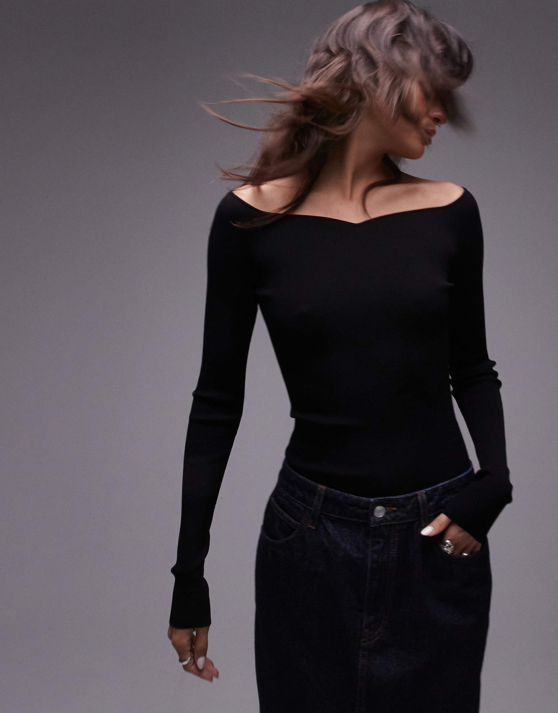 arket compact slinky compact knit top with off shoulder sweetheart neckline in black
