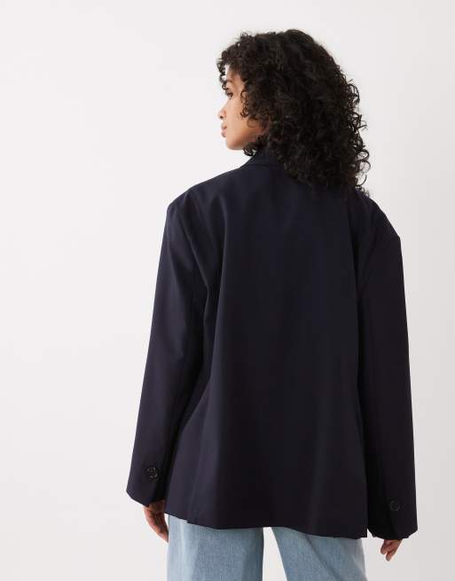 ARKET conjunto coordinado de lana pura con blazer estructurada extragrande en azul marino, 3 de 4