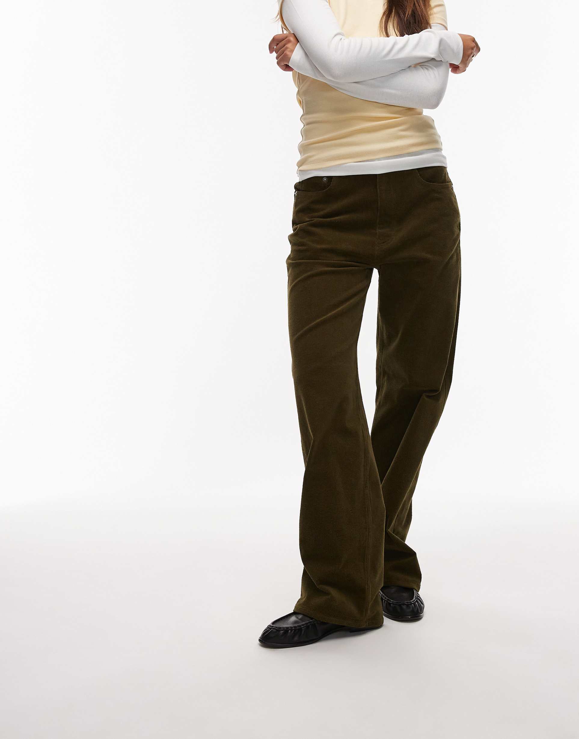 arket coral low rise baggy wide leg stretch cord pants in khaki green