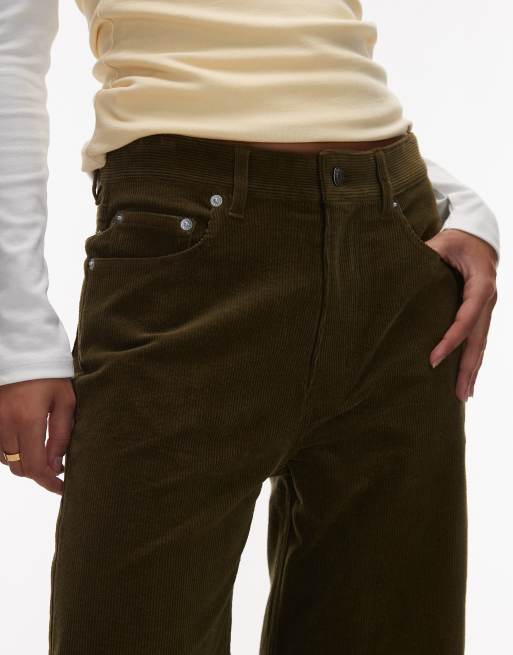 ARKET Coral low rise baggy wide leg stretch cord pants in khaki green