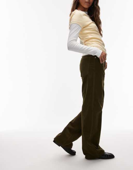 ARKET Coral low rise baggy wide leg stretch cord pants in khaki green