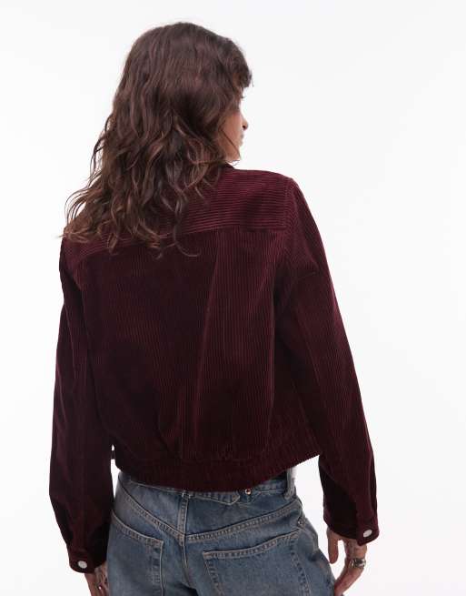 ARKET cord blouson jacket with zip front in burgundy, 3 of 4