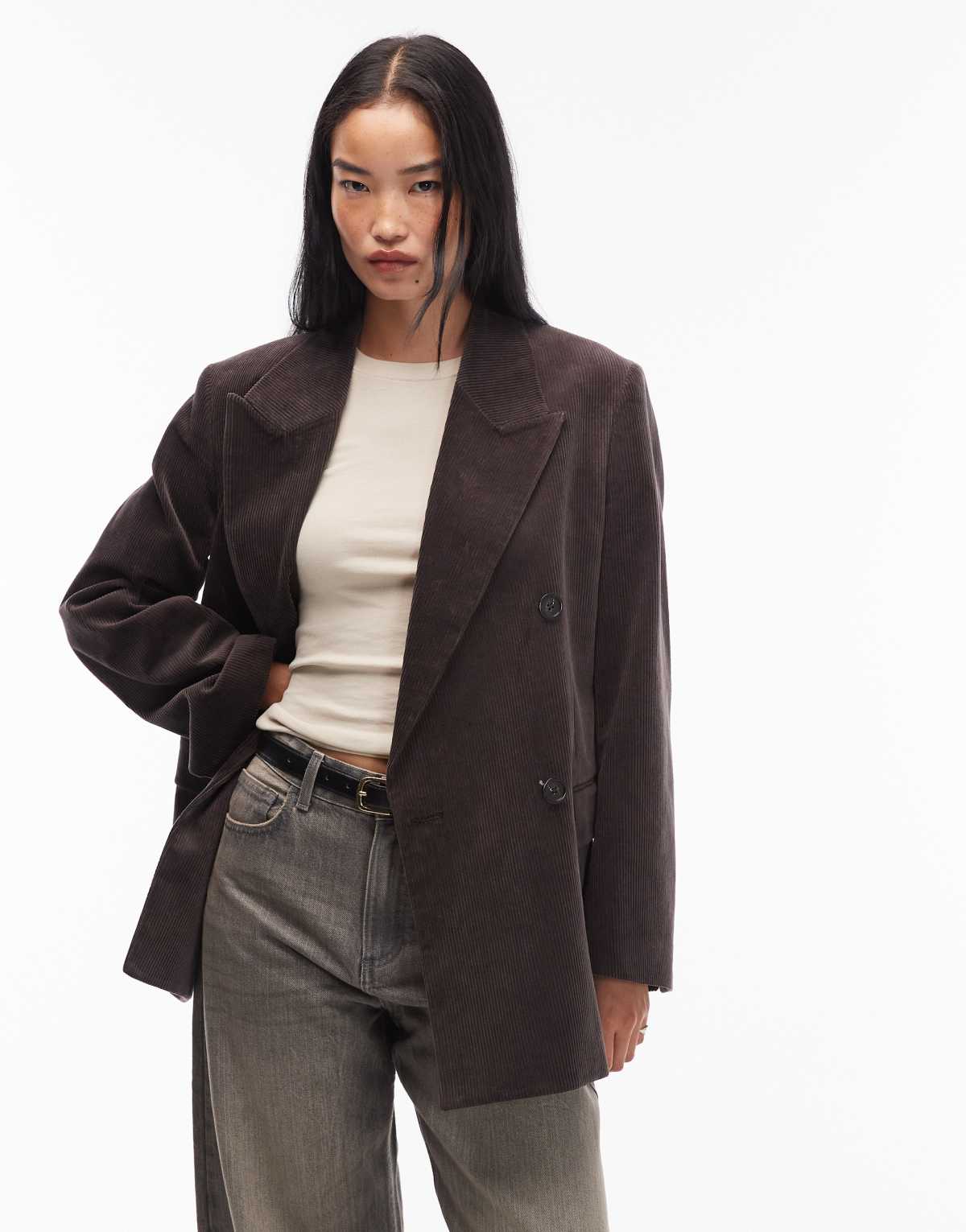 ARKET cord double breasted blazer coat in brown
