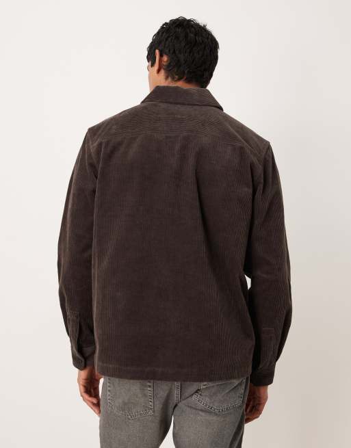 ARKET cord oversized zip up overshirt in dark brown, 3 of 5