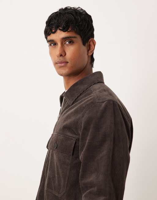 ARKET cord oversized zip up overshirt in dark brown, 4 of 5