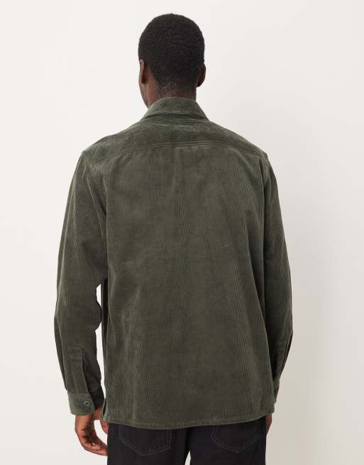 ARKET corduroy overshirt with front patch pockets in khaki green, 3 of 5