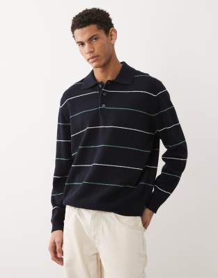 ARKET cotton blend knit polo shirt in navy stripes navy stripe 21090₽