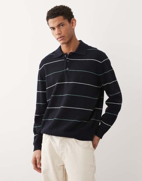 ARKET cotton blend knit polo shirt in navy stripes - view 1
