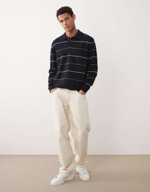 ARKET cotton blend knitted polo in navy stripe, 2 of 5