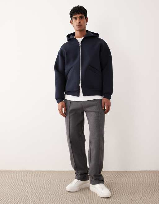 ARKET cotton blend zip up hoodie in dark blue scuba-style fabric