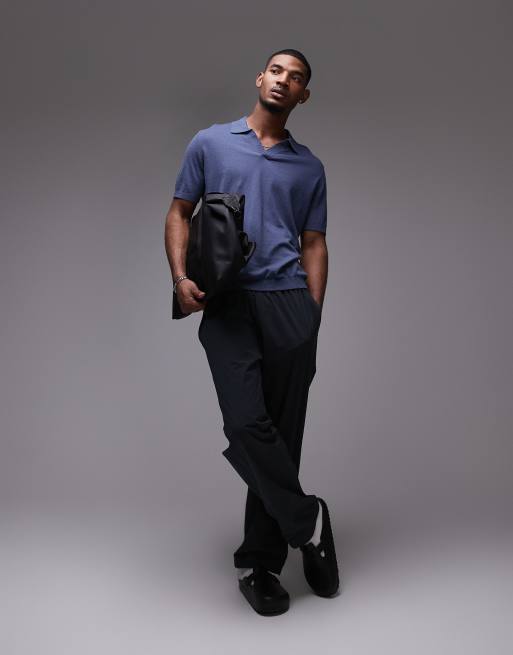 ARKET cotton linen knitted shirt sleeve polo shirt in navy blue, 2 of 4