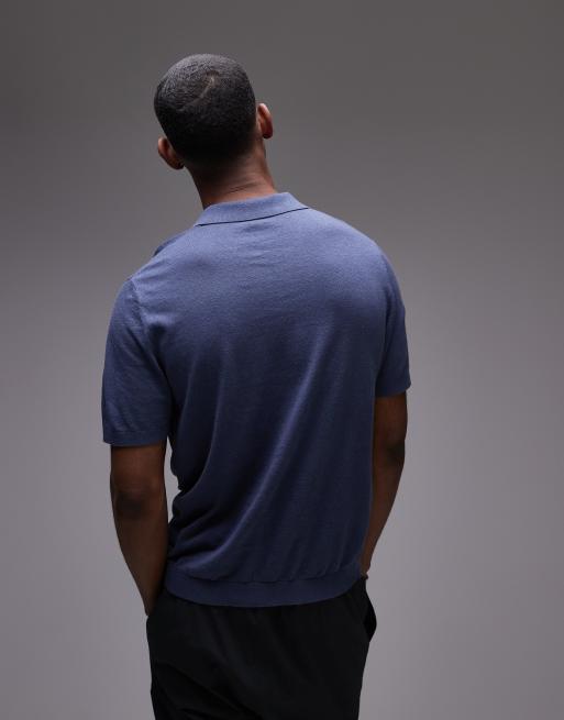 ARKET cotton linen knitted shirt sleeve polo shirt in navy blue, 3 of 4