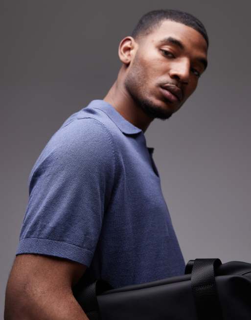 ARKET cotton linen knitted shirt sleeve polo shirt in navy blue, 4 of 4