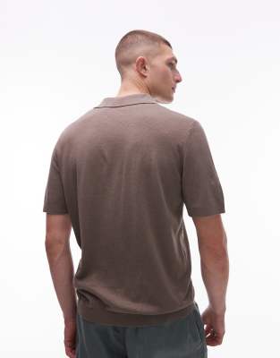 Shop Arket Cotton Linen Knitted Short Sleeve Polo Shirt In Brown