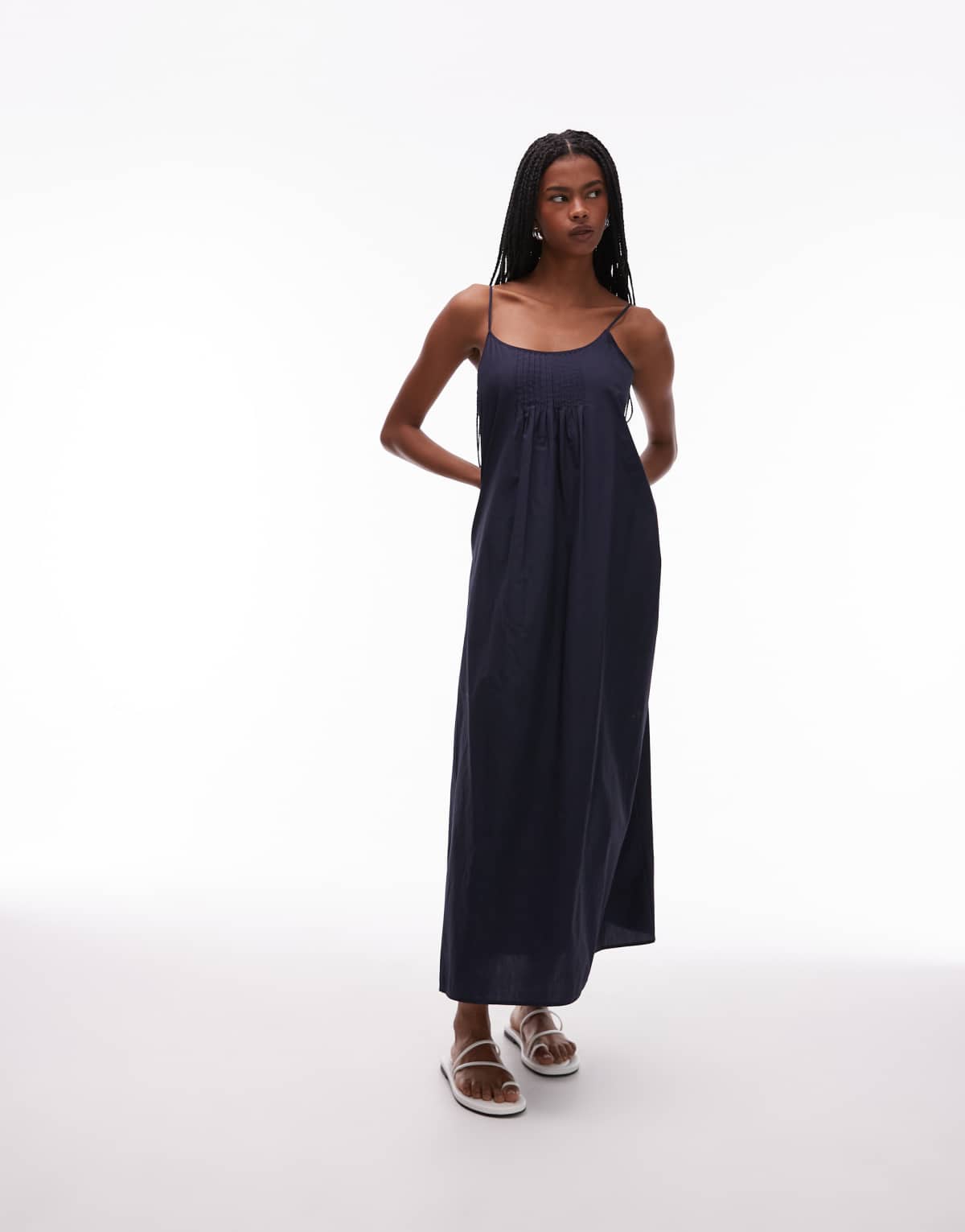 ARKET cotton poplin maxi beach dress with spaghetti straps and pintuck detail in blue