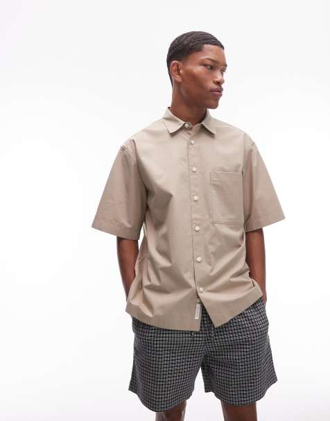 ARKET cotton poplin shirt with short sleeves in light beige - view 1