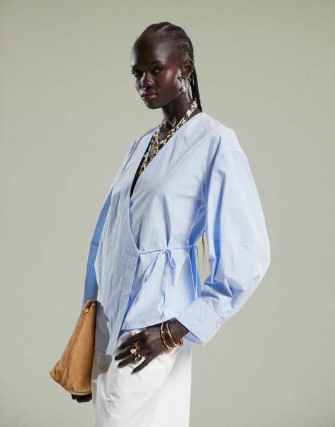 ARKET cotton poplin wrap blouse in blue