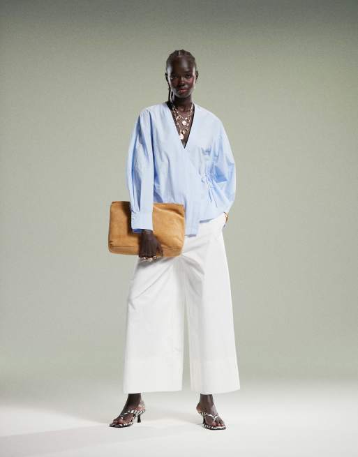 ARKET - Blusa a portafoglio in popeline di cotone blu