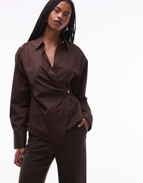 ARKET cotton poplin wrap blouse in brown