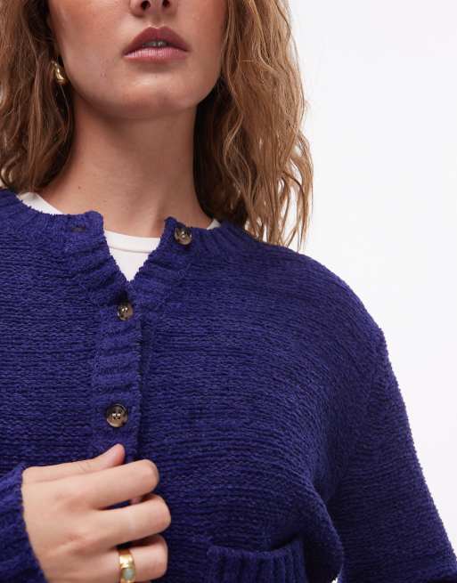 ARKET cotton rich crew neck cardigan in navy, 3 of 4