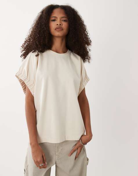 ARKET cotton rich elasticized short sleeve top in beige - view 1