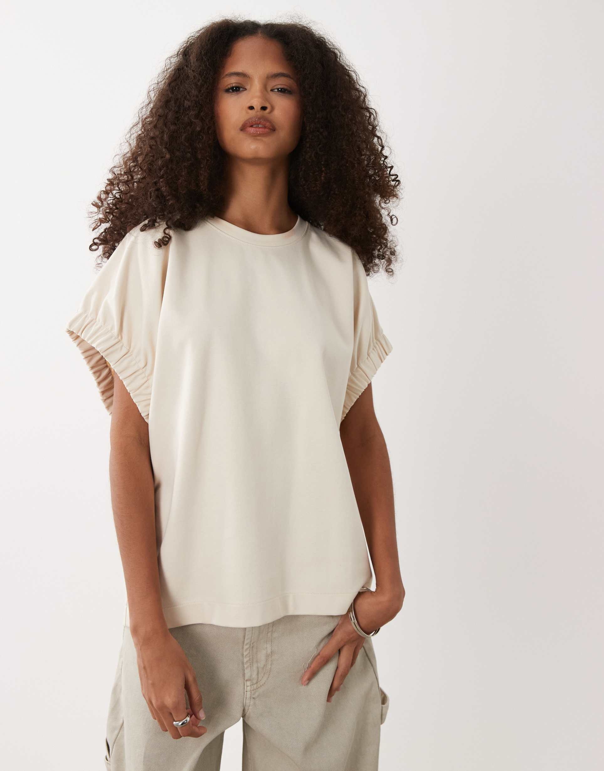 arket cotton rich elasticized short sleeve top in beige