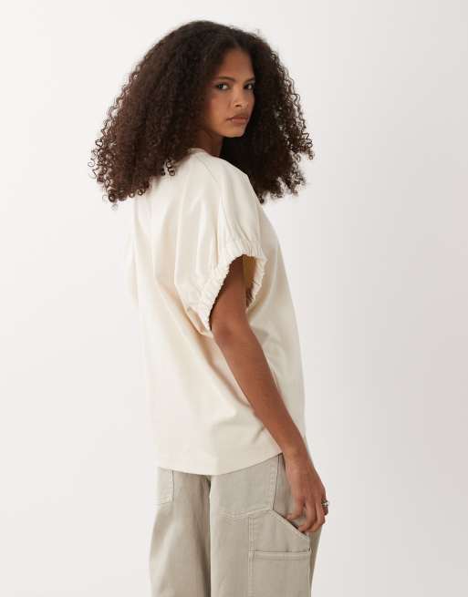 ARKET cotton rich elasticized short sleeve top in beige, 3 of 4