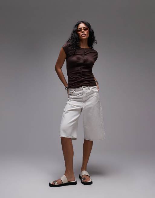 ARKET cotton rich gathered seam stretch T-shirt in brown , 2 of 4