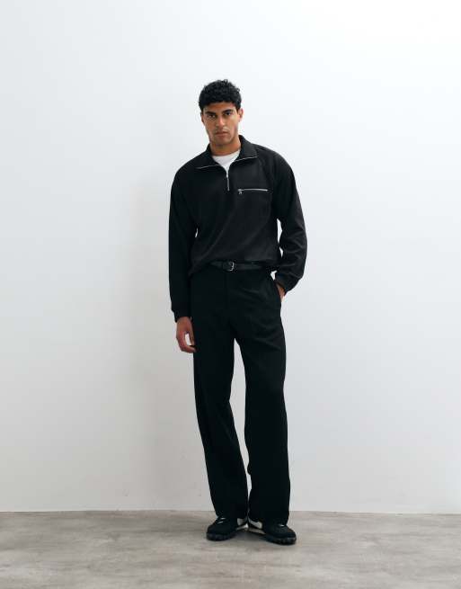 ARKET cotton rich half zip funnel neck sweatshirt in black, 3 of 5
