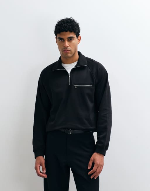 ARKET cotton rich half zip funnel neck sweatshirt in black, 5 of 5