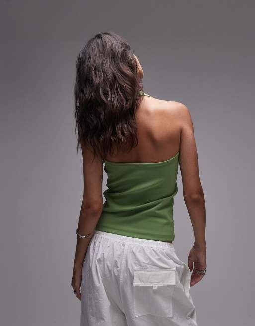 ARKET cotton rich halterneck jersey halter top in green, 4 of 4