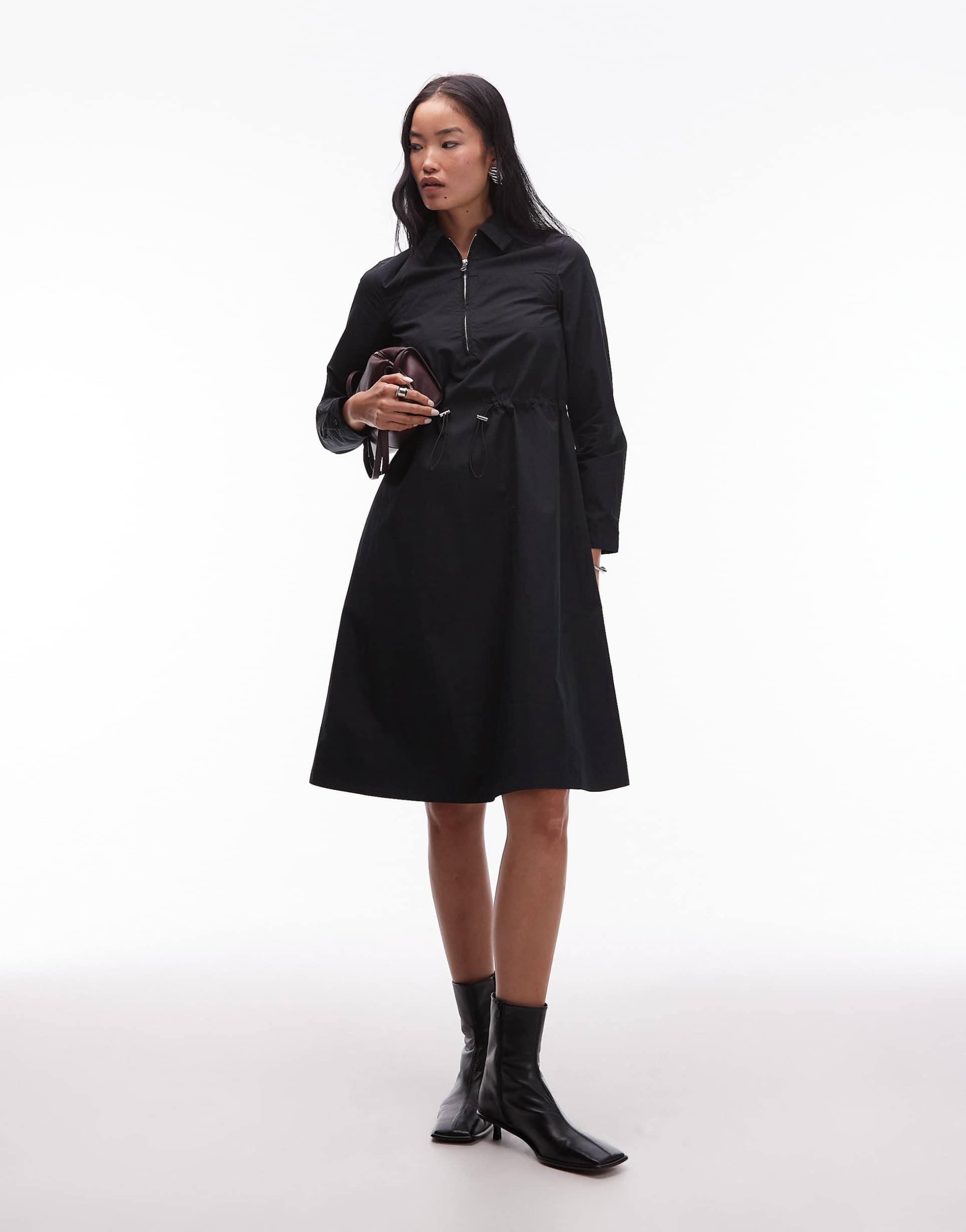 arket cotton rich long sleeve mini shirt dress with cinch waist detail in black