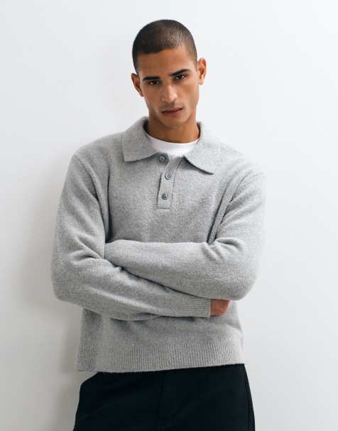 ARKET cotton rich long sleve knit polo in grey blue - view 1