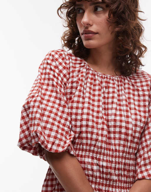 ARKET cotton rich midi dress with shirred bodice and puff sleeves in red and white gingham check , 2 of 4