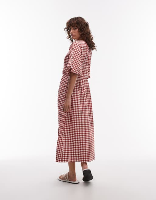 ARKET cotton rich midi dress with shirred bodice and puff sleeves in red and white gingham check , 3 of 4