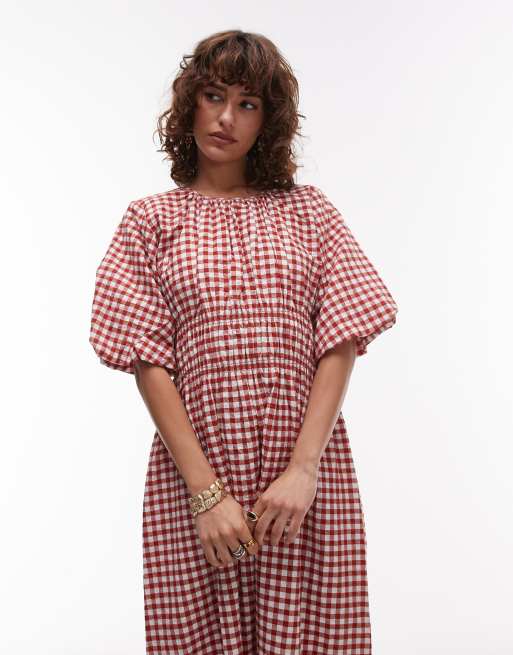 ARKET cotton rich midi dress with shirred bodice and puff sleeves in red and white gingham check , 4 of 4