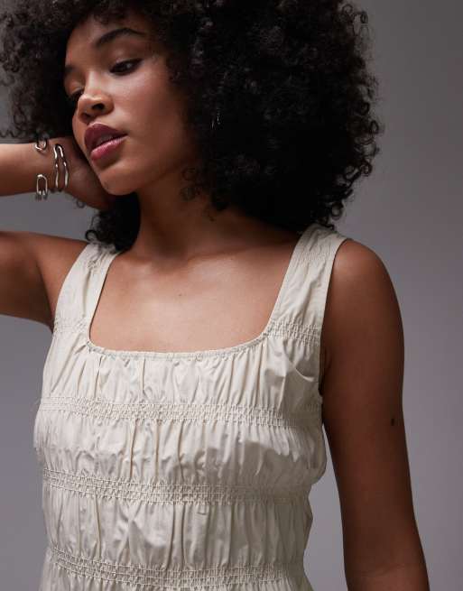 ARKET cotton rich midi dress with smocked bodice and drop waist in beige, 2 of 4