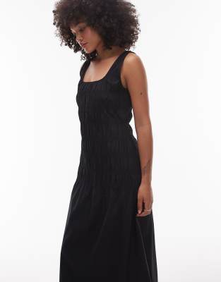 Arket Cotton Rich Midi Dress With Smocked Bodice And Drop Waist In Black
