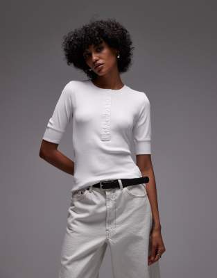 ARKET cotton rich rib half sleeve T-shirt with woven binding in off white