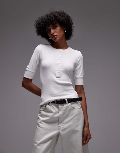 ARKET cotton rich rib half sleeve T-shirt with woven binding in off white - view 1
