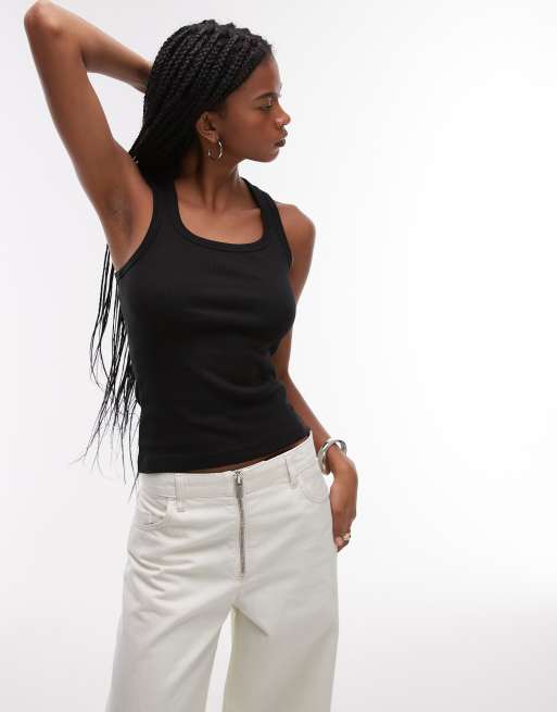 ARKET cotton rich ribbed square neck vest in black | ASOS