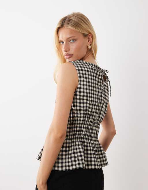 ARKET cotton rich shirred bodice top in black and white gingham print, 4 of 4