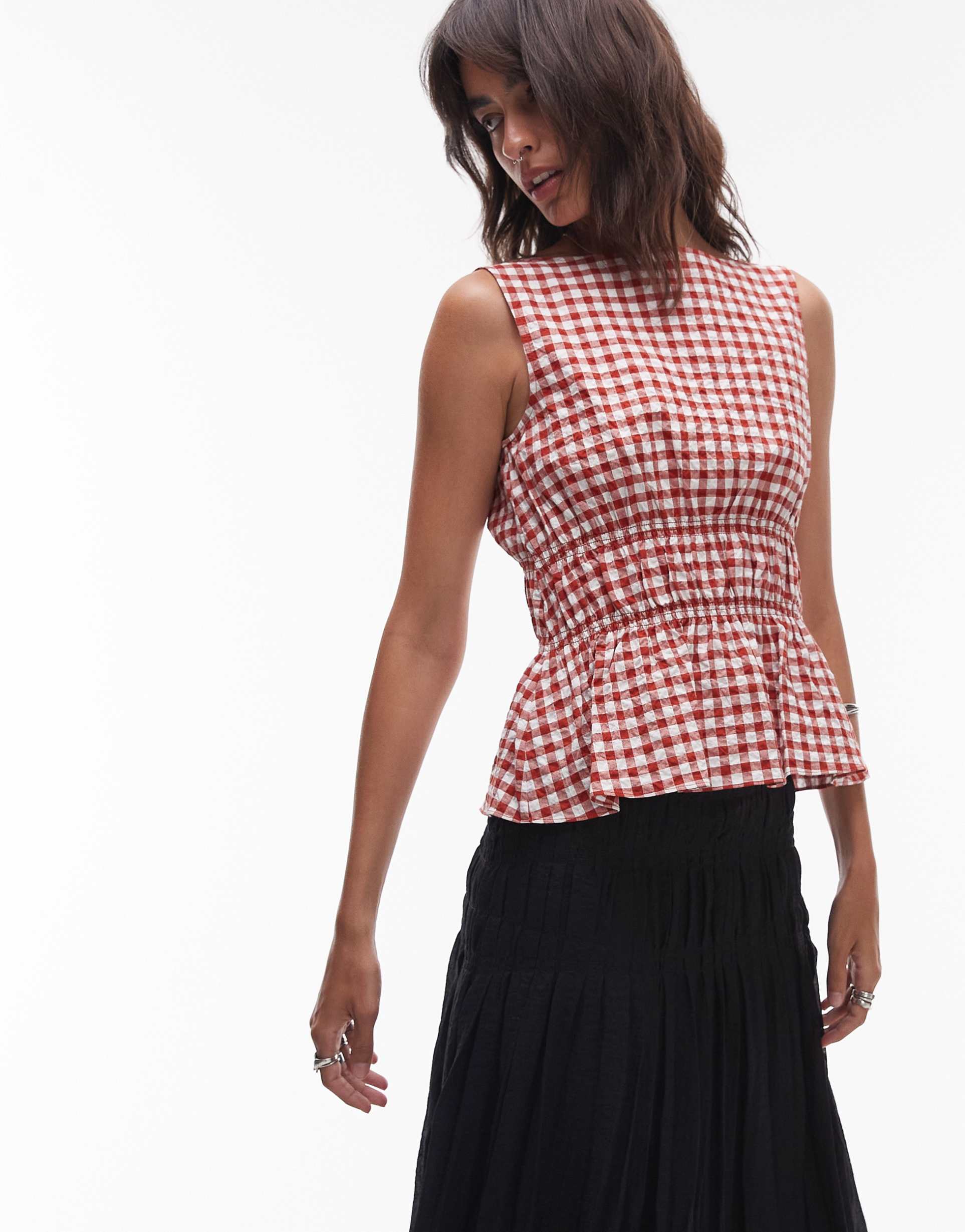 arket cotton rich shirred bodice top in red and white gingham plaid