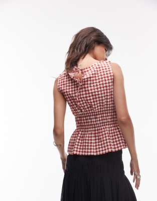 ARKET cotton rich shirred bodice top in red and white gingham plaid