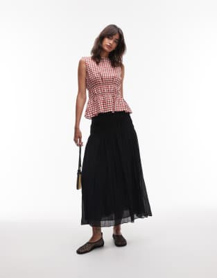 ARKET cotton rich shirred bodice top in red and white gingham plaid