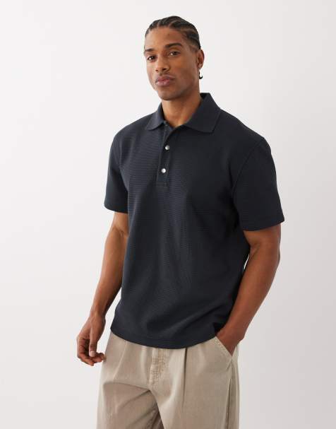 ARKET cotton rich short sleeve waffle knit polo shirt in off black - view 1