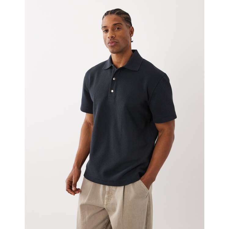 ARKET cotton rich short sleeve waffle polo in off black | ASOS
