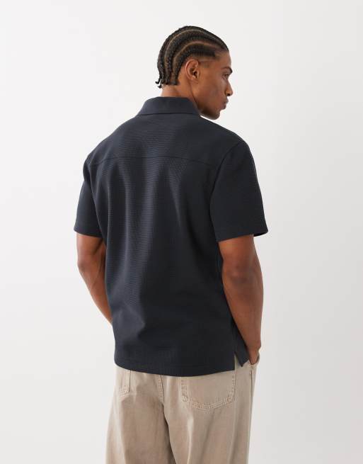 ARKET cotton rich short sleeve waffle polo in off black, 5 of 5