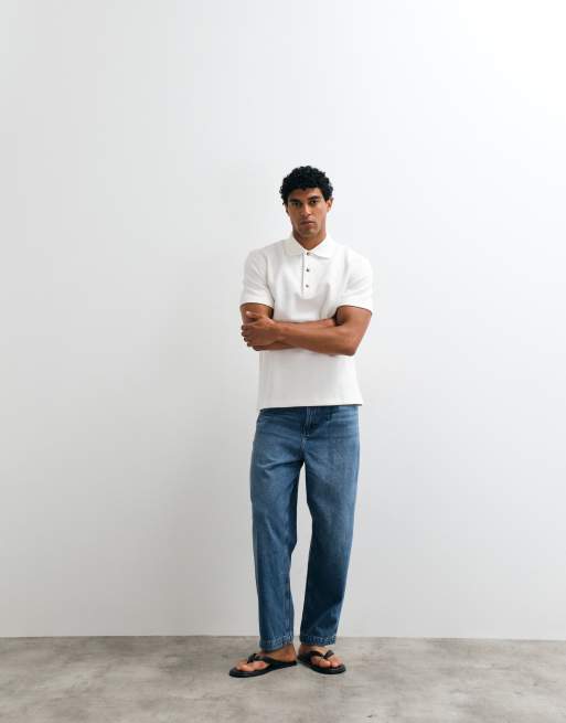 ARKET cotton rich short sleeve waffle polo in off white, 2 of 5