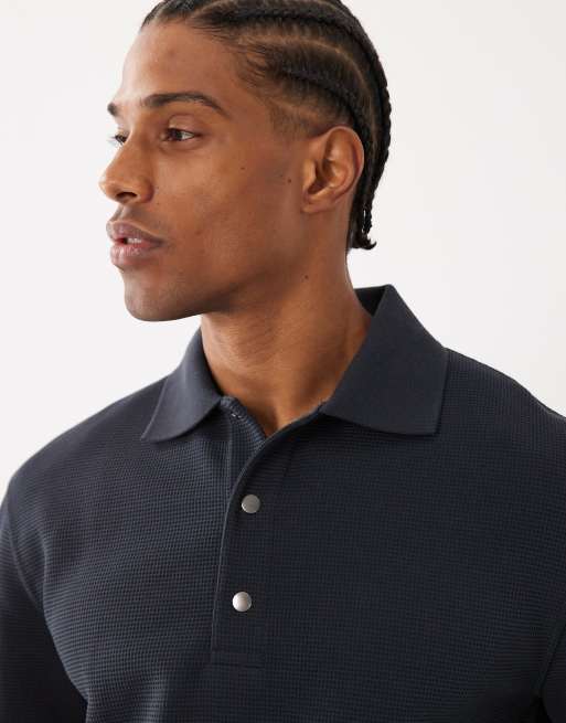 ARKET cotton-rich short sleeve waffle polo shirt in off black, 3 of 5
